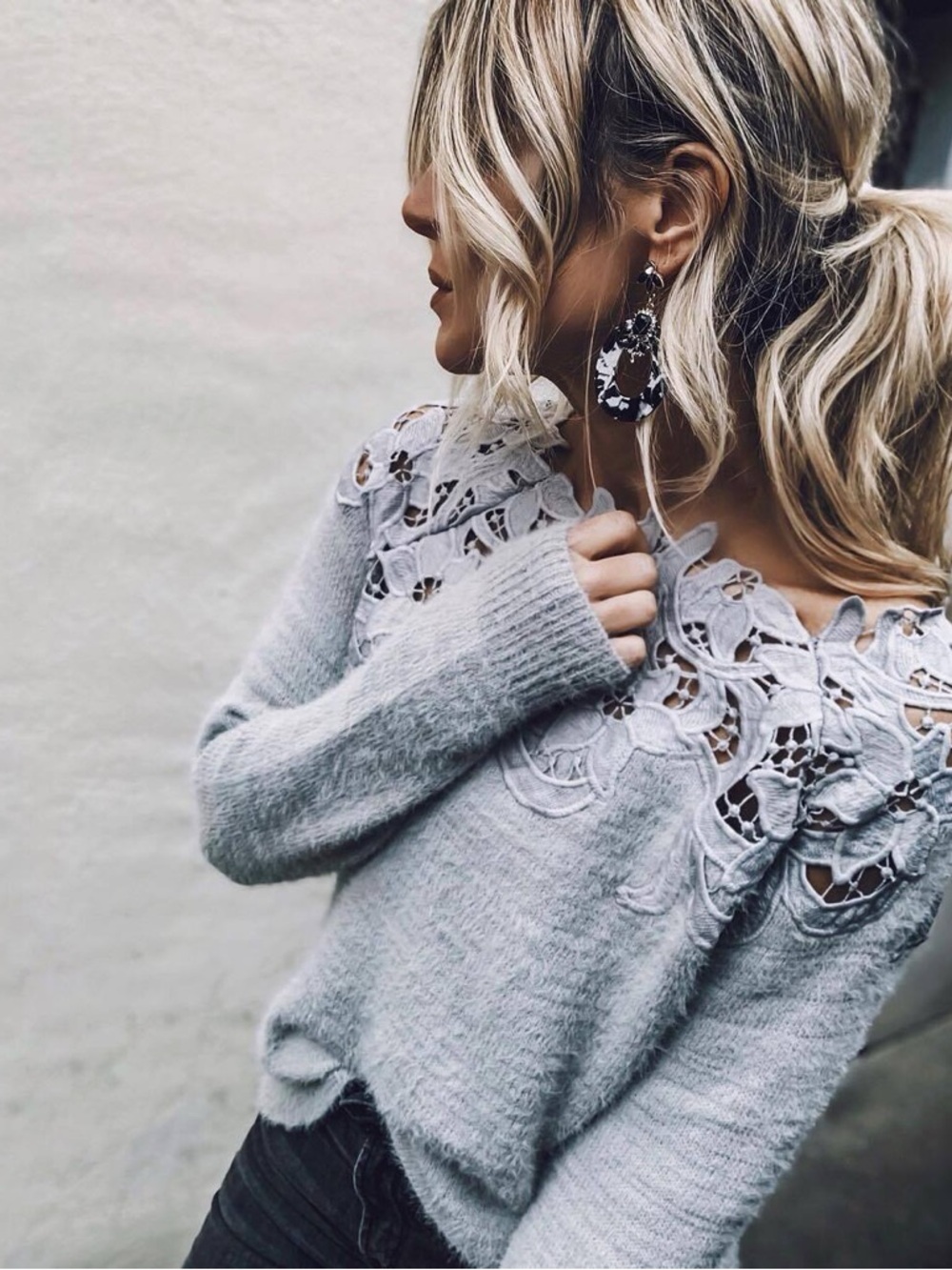 Vici Light Gray Off-the-Shoulder Lace Yoke Sweater
